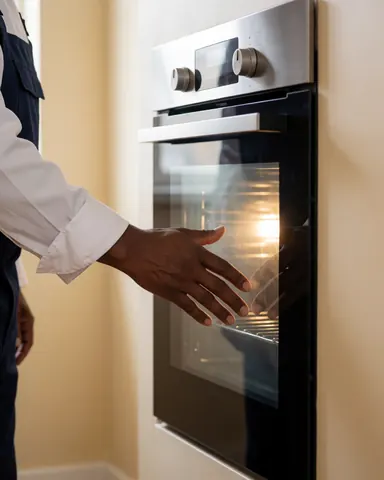 Close-up of a technician's hand touching the door of a repaired electric oven with interior light on, beige walls, and visible reflection.