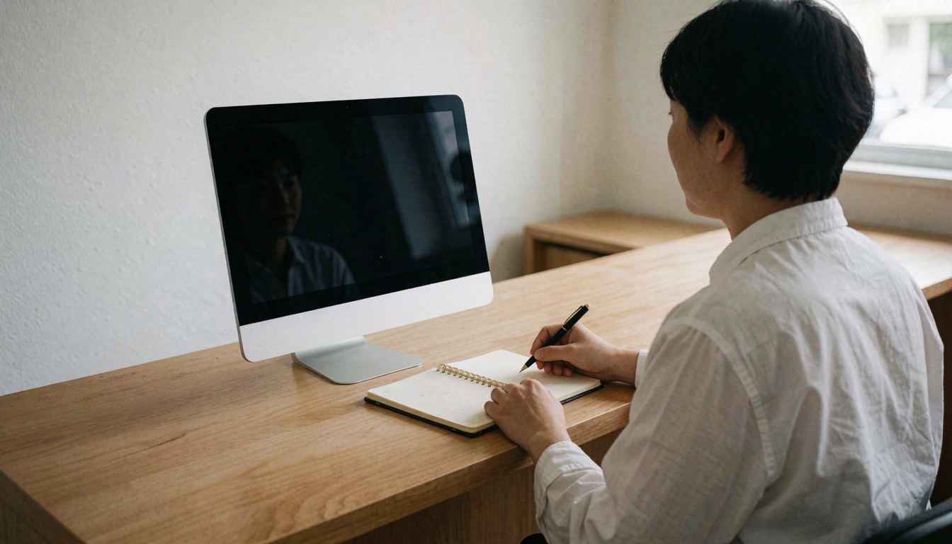 A professional technician writes in a notebook while working at a wooden desk with a computer monitor, illustrating computer repair service in action.