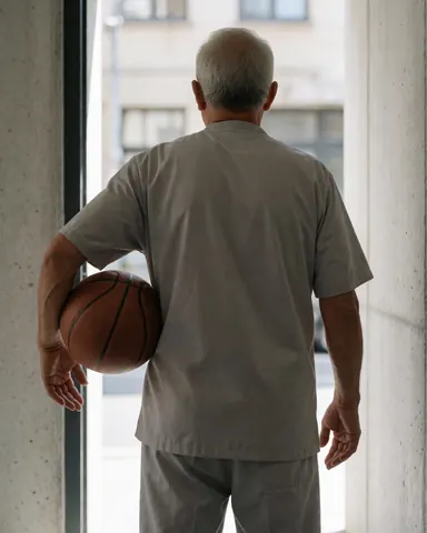 Back view of a man holding a basketball standing at the entrance of a gym with concrete walls and natural light
