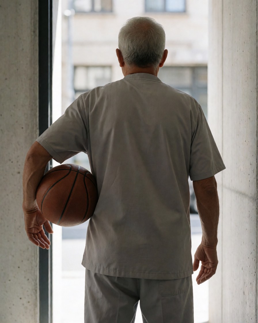 Back view of a man holding a basketball standing at the entrance of a gym with concrete walls and natural light