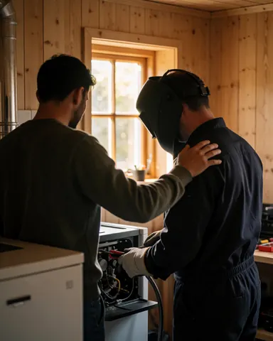 Satisfied customer placing hand on shoulder of technician adjusting valves on a biomass boiler in a room with wooden walls and warm window light.