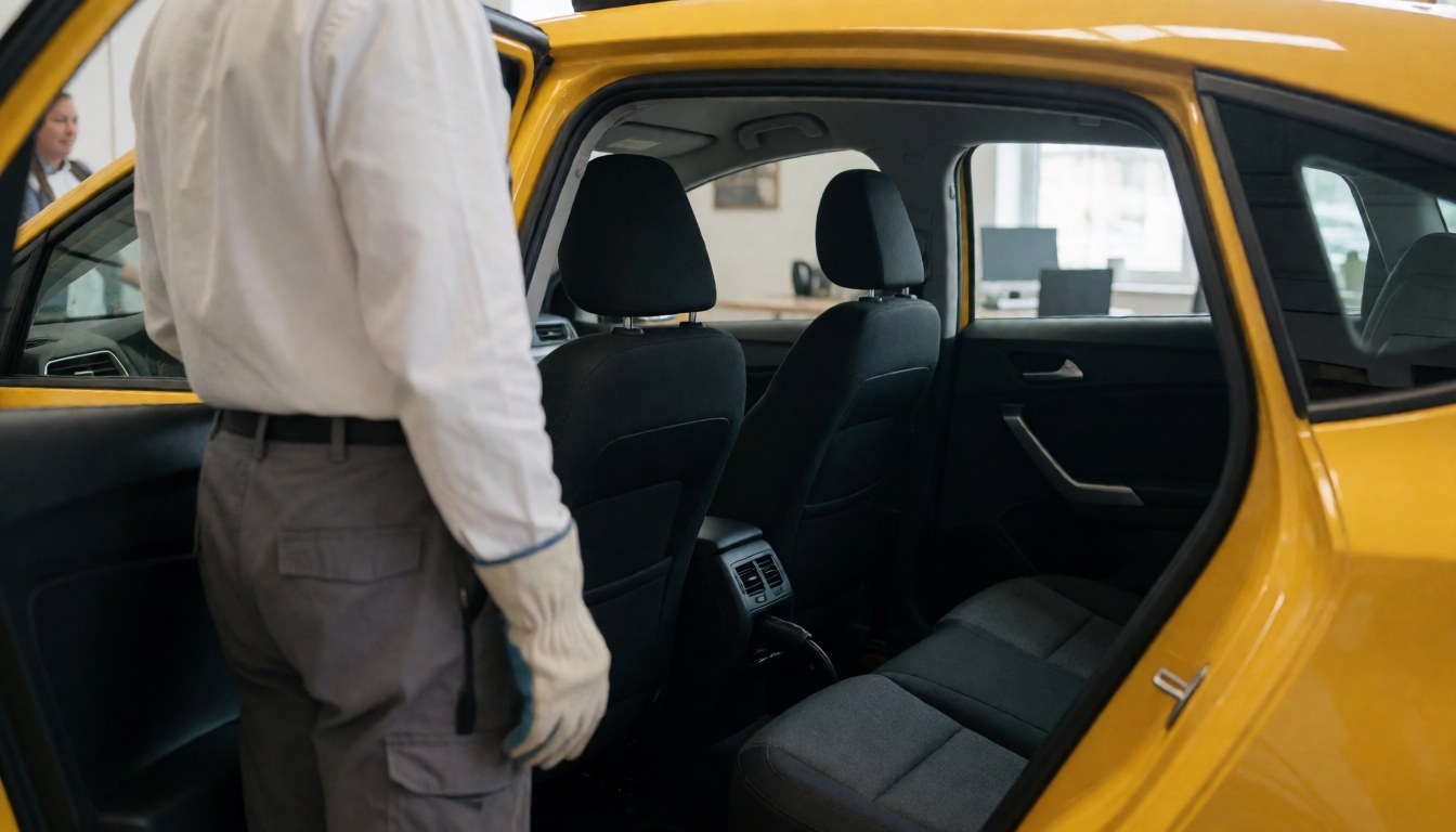 Yellow taxi with open door showing driver from behind and seated passenger in clean modern interior for transport services