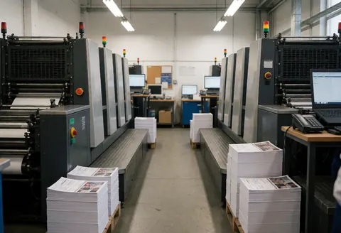 Industrial hallway featuring offset printing machines, stacks of printed paper, and computers in a print shop setting