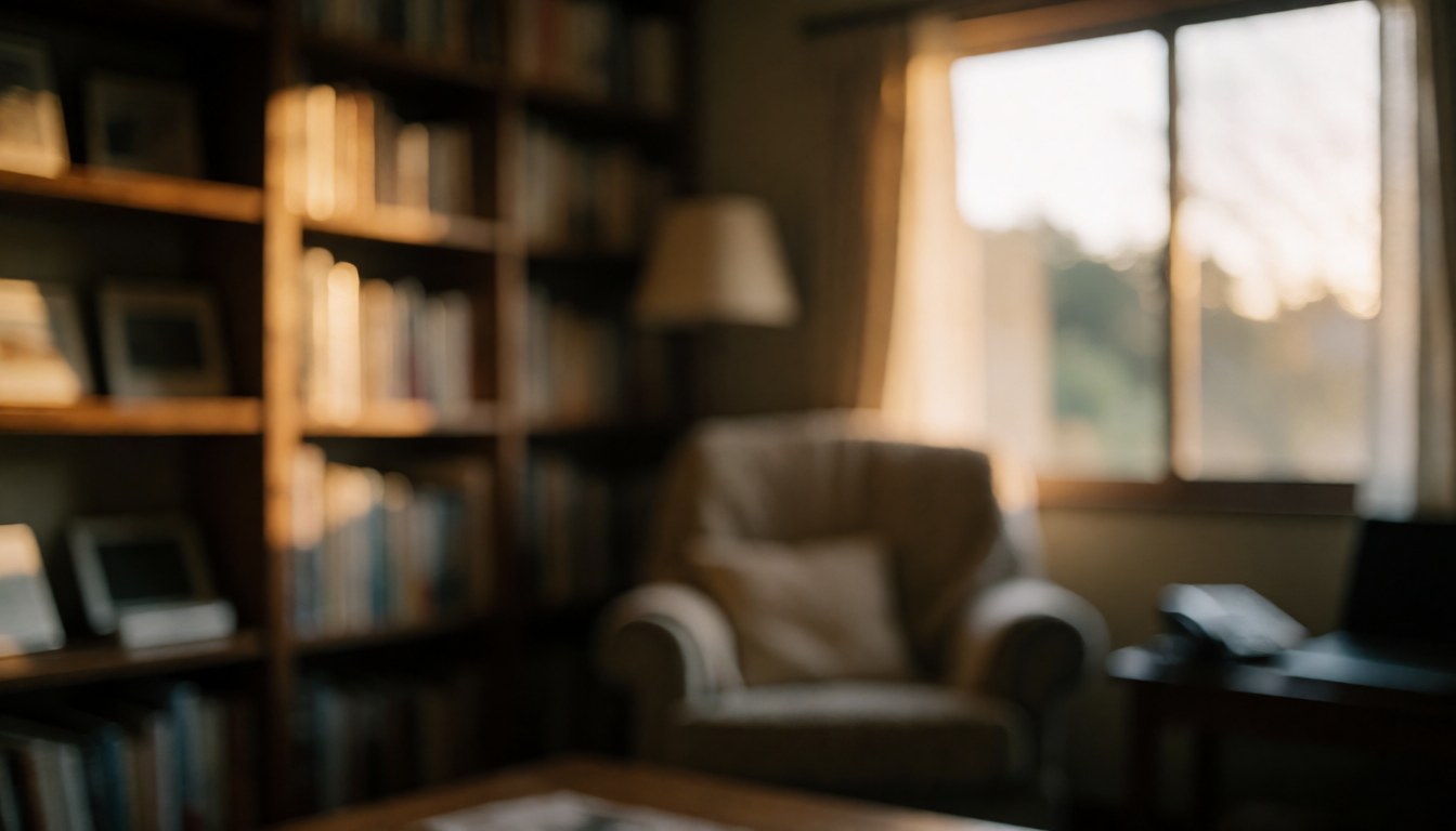Blurred background of a rural living room with an armchair, bookshelf, and warm sunset light, ideal for accommodation text overlays