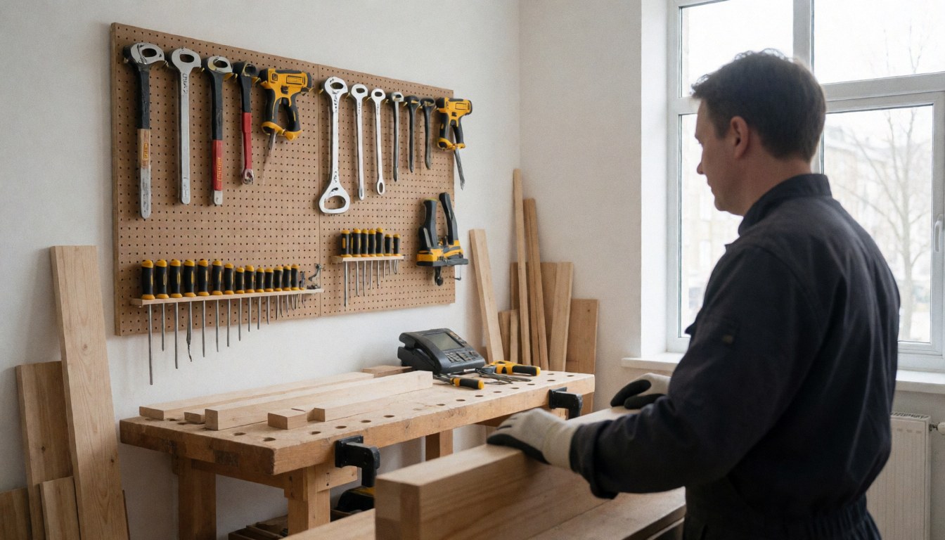 Carpenter wearing gloves works with tools and cut wood on a board in a workshop, ideal for staircase repair services.