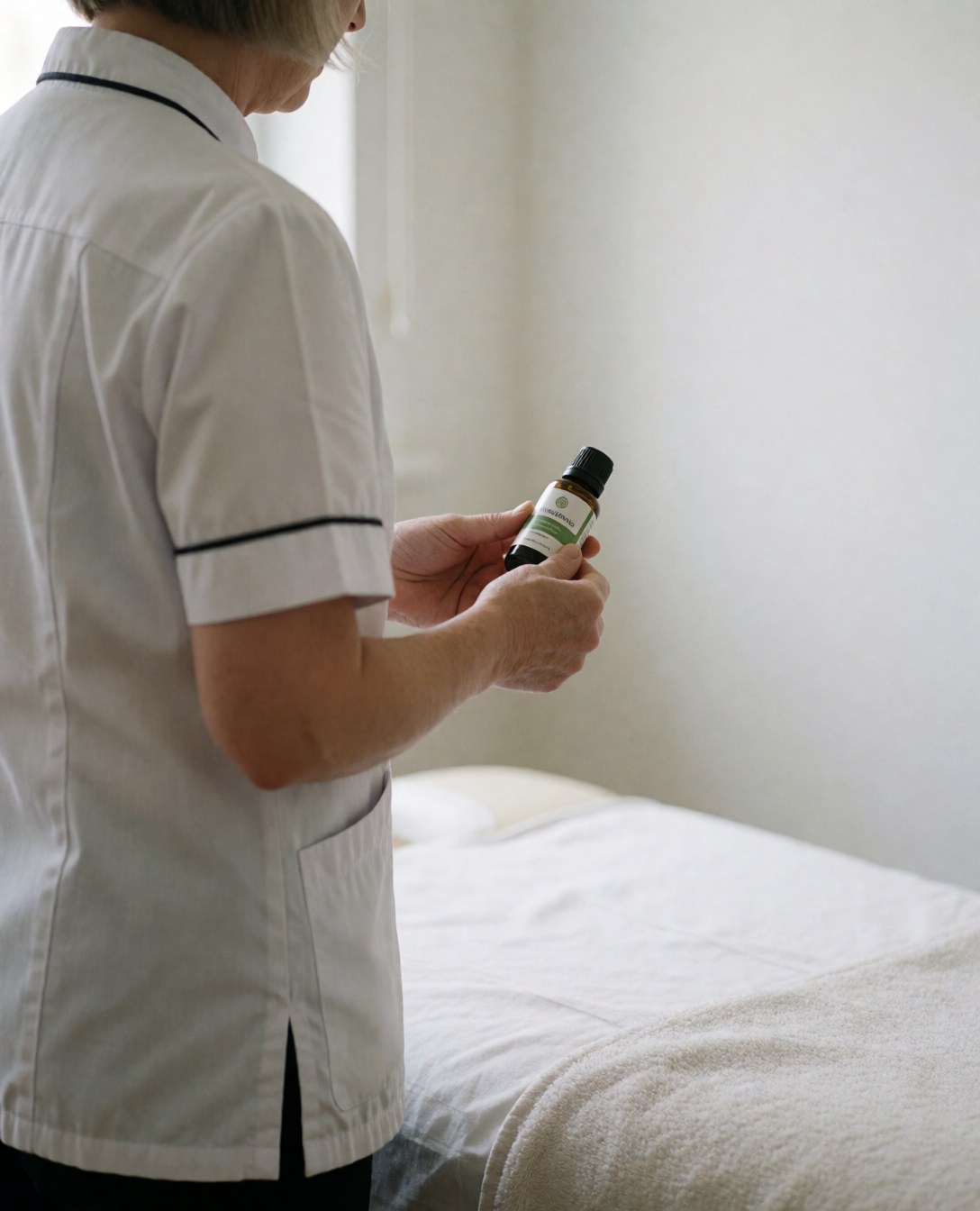 A therapist in a white uniform holds a bottle of essential oil while preparing for a treatment in a massage room with a white bed.