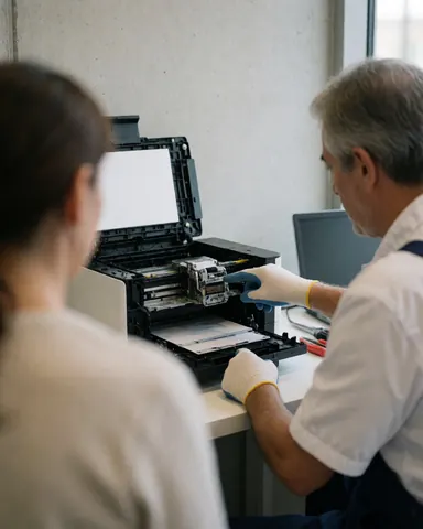 Technician wearing gloves cleans the print head of an open printer while a customer watches from behind.