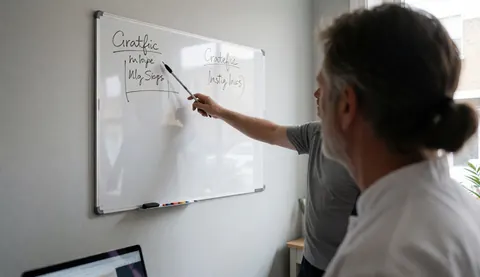 Coach explaining strategy on a whiteboard with a marker in a training room with natural light