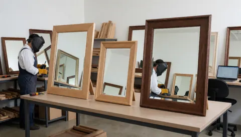 Workshop scene showing the restoration of antique wooden mirror frames with polished wood and carpentry tools visible on the workbench.