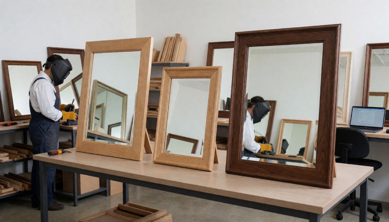 Workshop scene showing the restoration of antique wooden mirror frames with polished wood and carpentry tools visible on the workbench.