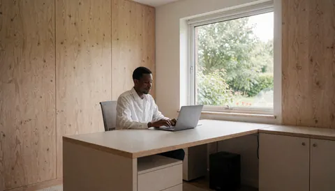 A man works on a laptop in a modern office with wood walls and a window showing greenery, ideal for a vacation rental website.