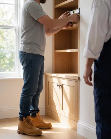Carpenter uses a level to adjust a wooden shelf while a client watches in a bright, professional setting.