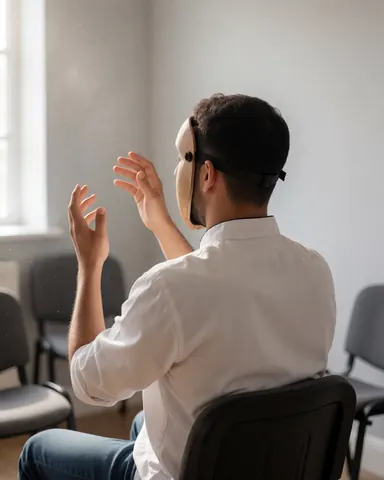 A theater student wearing a mask practices expressive gestures in a room with empty chairs and natural light.