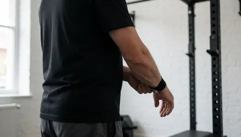 CrossFit coach wrapping wrist tape in a gym with a white brick wall and training rack