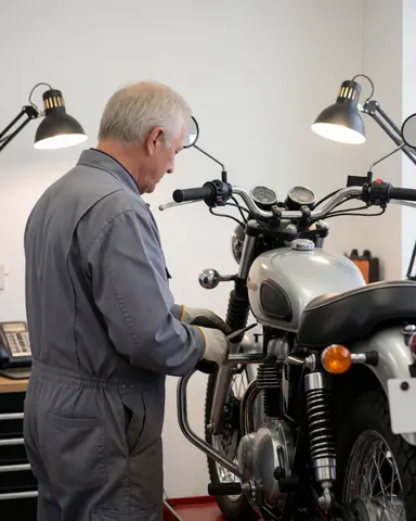A mechanic in uniform inspects a motorcycle suspension using tools under bright workshop lights.