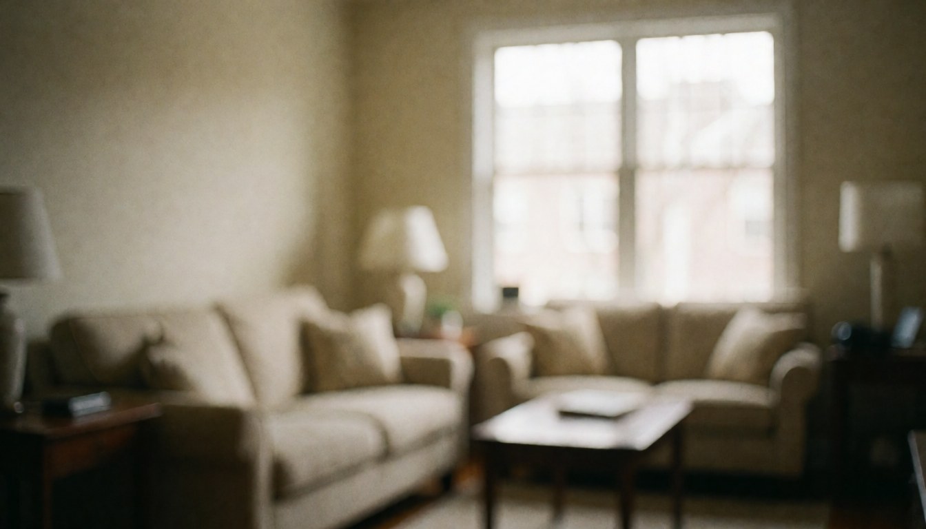 Soft focus interior of a cozy living area featuring a sofa, coffee table, and natural light from windows, suitable as a background for apartment hotel marketing.