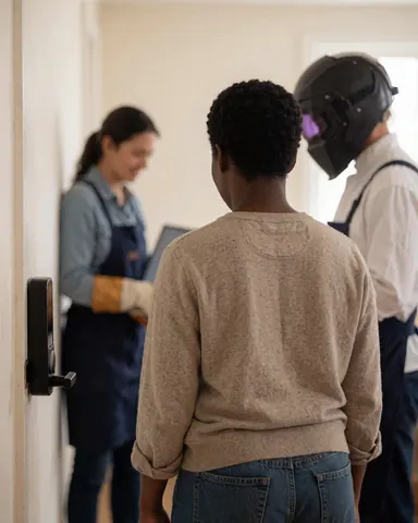 A satisfied homeowner examines a modern smart lock on their door, with a security professional visible in the background.