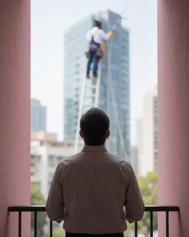 Customer observes window cleaning service on a high-rise building from a balcony, with pink walls and natural light.