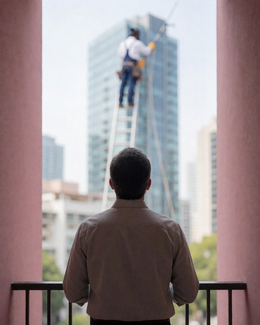 Customer observes window cleaning service on a high-rise building from a balcony, with pink walls and natural light.