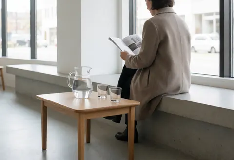 A client reads a magazine while seated on a concrete bench beside a wooden table with a water pitcher and glasses in a bright, modern salon.