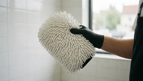 Close-up of a hand wearing a black glove holding a clean white microfiber towel in a tiled car wash bay with natural lighting