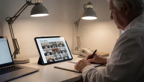 Event photographer reviewing digital gallery on tablet with desk light and notebook in modern workspace