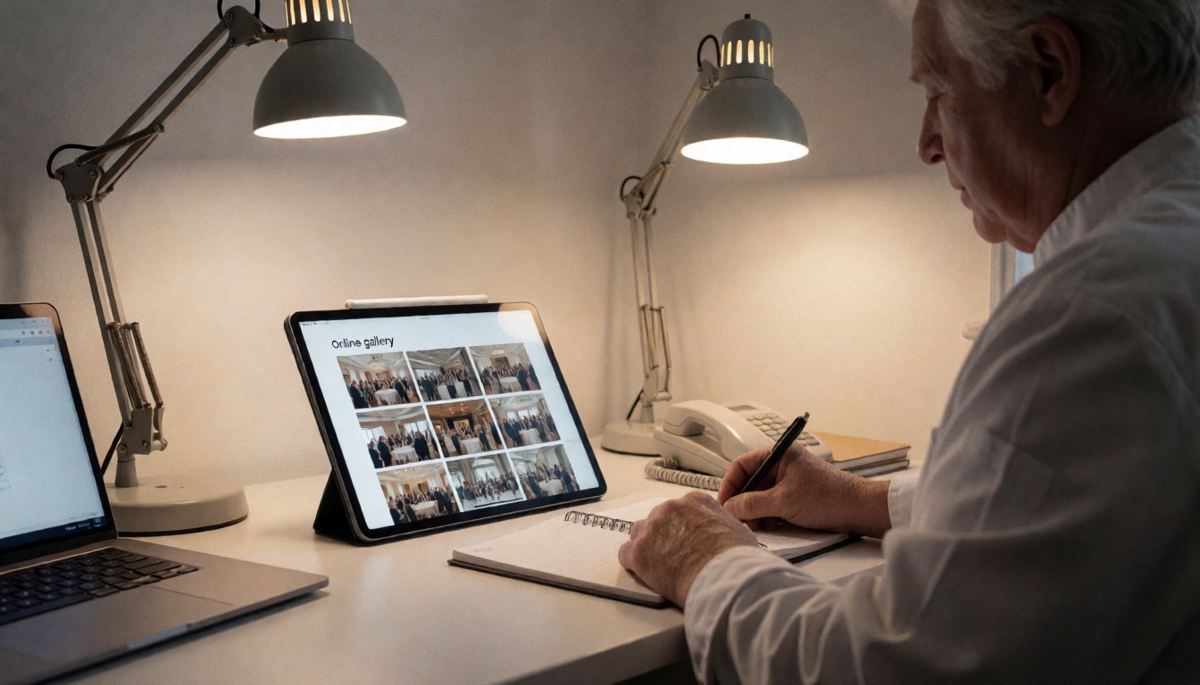 Event photographer reviewing digital gallery on tablet with desk light and notebook in modern workspace