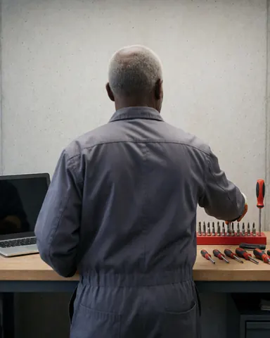 Electronics repair technician selecting a screwdriver bit from a system on a workbench with a concrete wall.