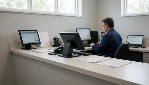 Clean and organized laundry reception desk featuring a sales terminal, telephone, and documents on a tidy surface.