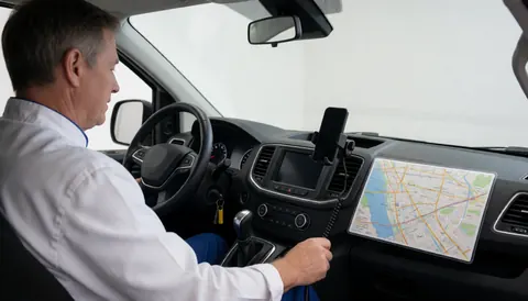 Close-up of a ride-hailing driver's hand on the gear shift with a laminated city map and mounted phone on the dashboard