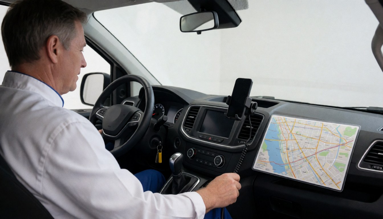 Close-up of a ride-hailing driver's hand on the gear shift with a laminated city map and mounted phone on the dashboard