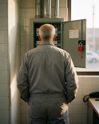 Electrician checking open electrical panel with visible wiring in a tiled room with natural light