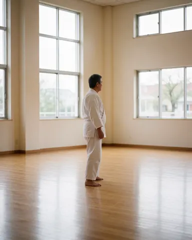Karate instructor in white gi standing in dojo with polished wood floor, beige walls, and large windows with natural light