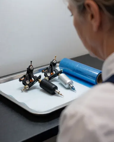 Tattoo machines and barrier film in a metal sterilizer with a professional in a tattoo studio with gray walls.