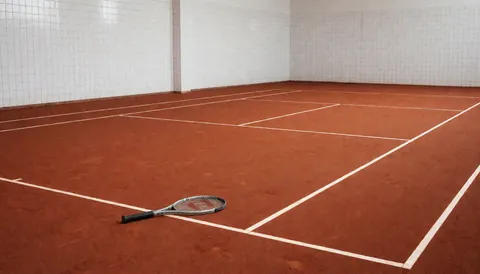 A tennis racket resting on a red clay court with white boundary lines, suitable for a tennis club website hero section