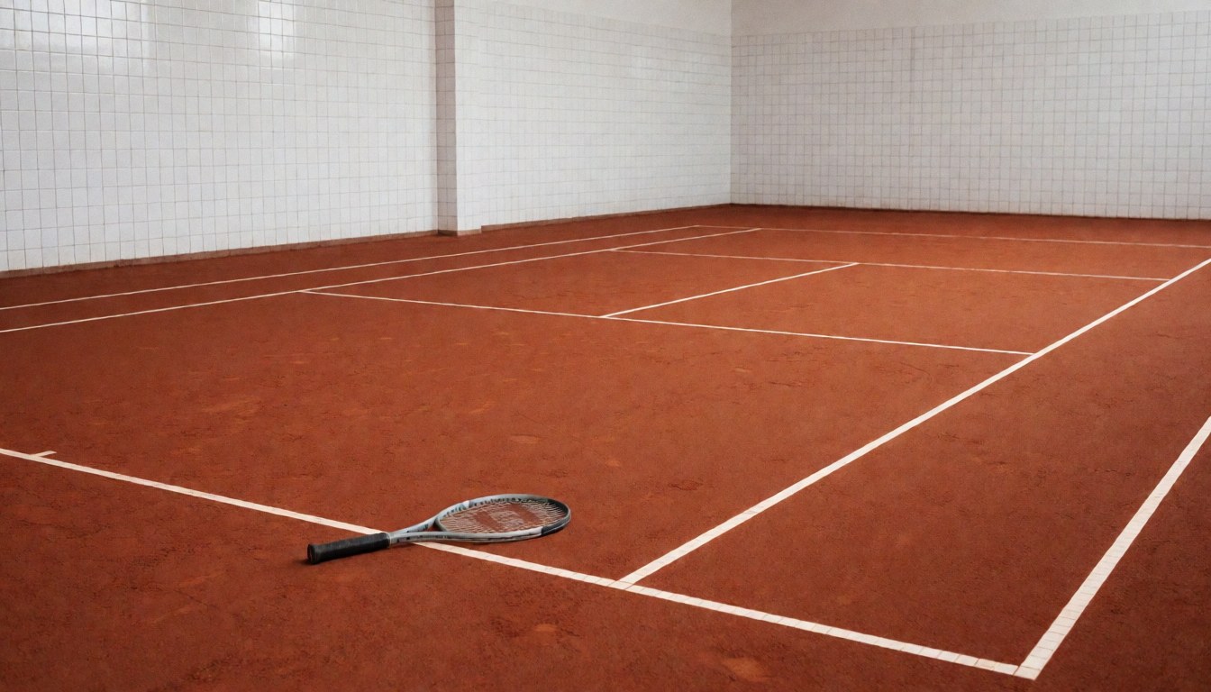 A tennis racket resting on a red clay court with white boundary lines, suitable for a tennis club website hero section