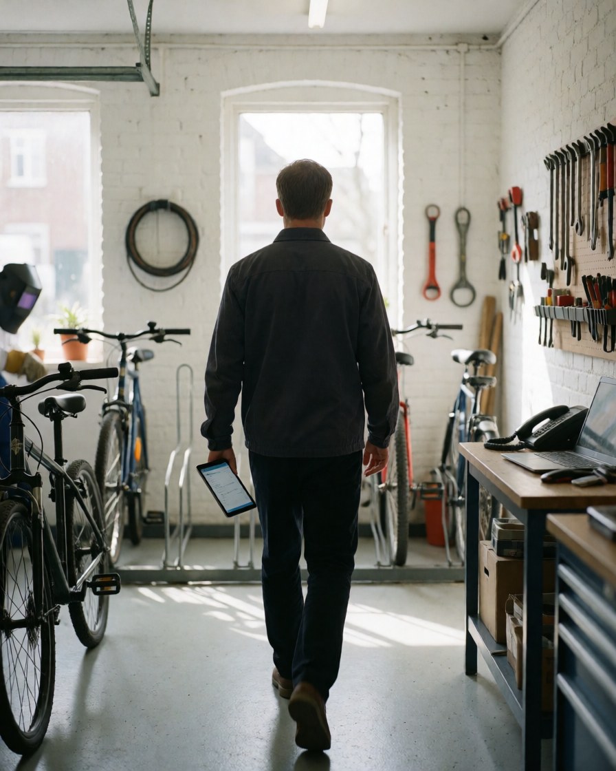 Cycling coach walking with a tablet in a bike workshop with white walls and hanging tools.