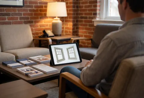 A customer sits in a waiting area with a brick wall, viewing a 3D window render on a tablet with brochures on the table.