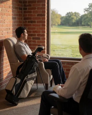 Relaxed golfer sitting in a chair with a golf bag, looking out a window at the golf course through natural light.