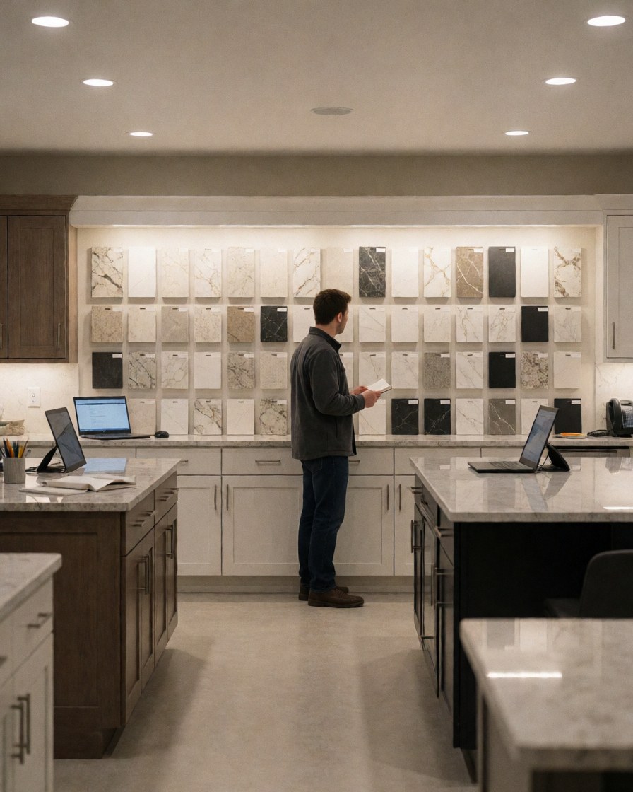 A customer examines marble slab samples in a modern kitchen showroom featuring cabinetry and laptops on display counters.