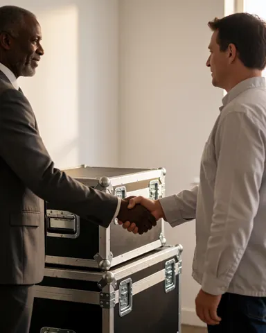 A satisfied customer and technician shake hands beside professional sound boxes in a bright room with white walls and warm lighting.