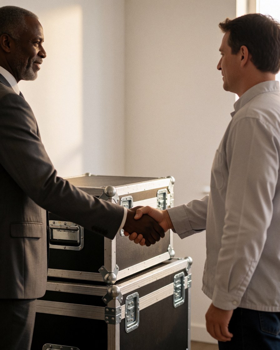 A satisfied customer and technician shake hands beside professional sound boxes in a bright room with white walls and warm lighting.