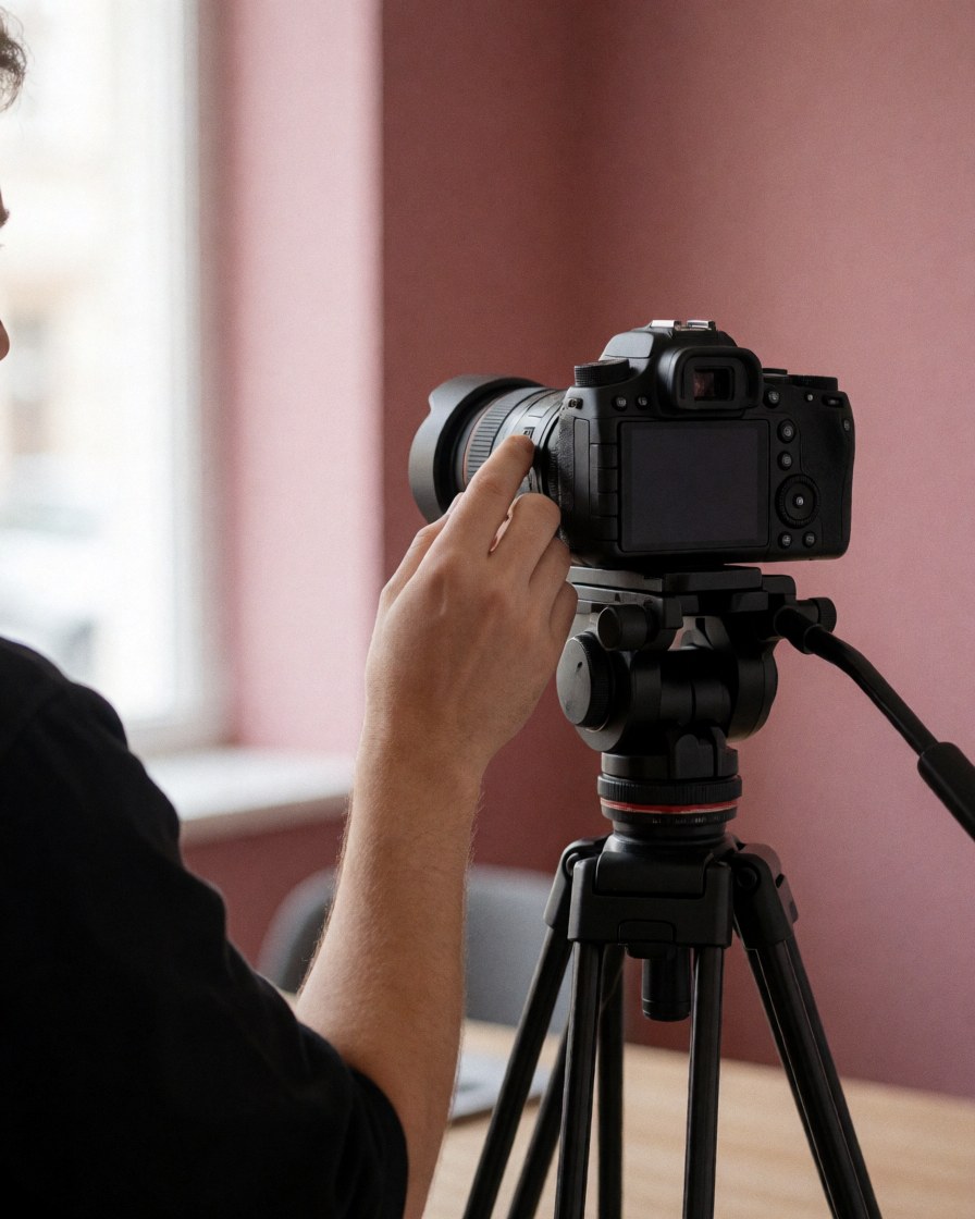 Videographer adjusting focus on a professional camera mounted on a tripod against a pink wall with natural light