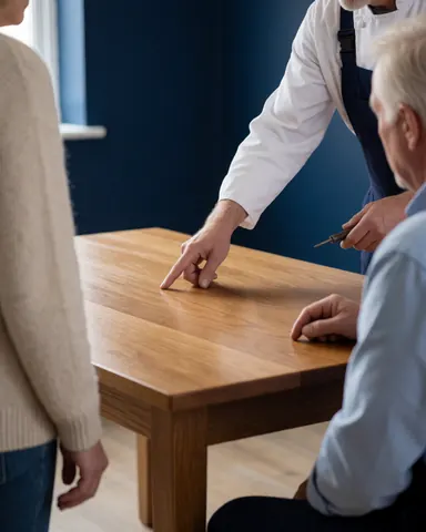 Carpenter in apron points to wood table repair while client inspects in workshop with dark blue wall