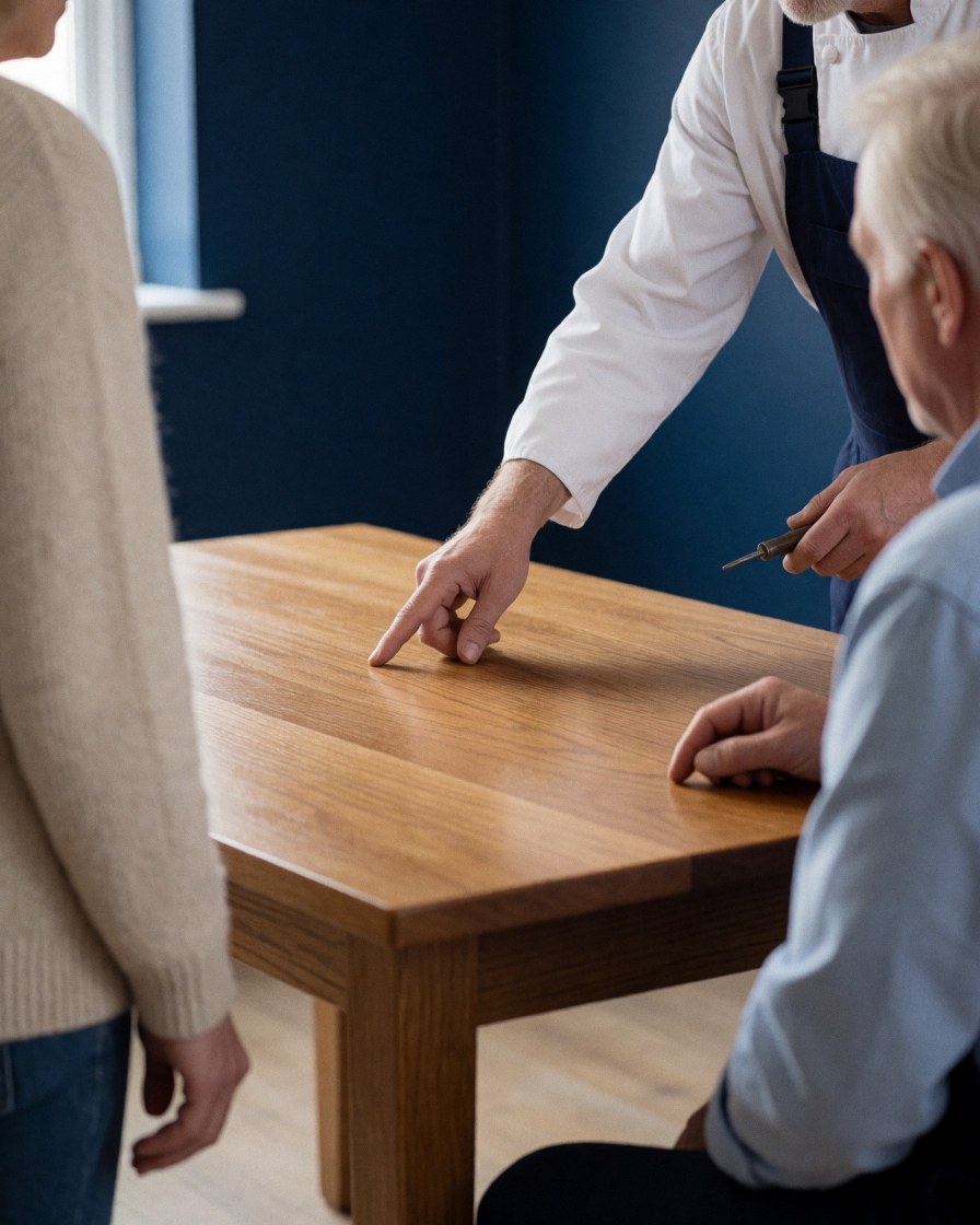 Carpenter in apron points to wood table repair while client inspects in workshop with dark blue wall