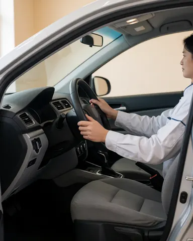 Satisfied customer inside a car with an immaculate interior, clean steering wheel, and natural lighting in an auto shop.