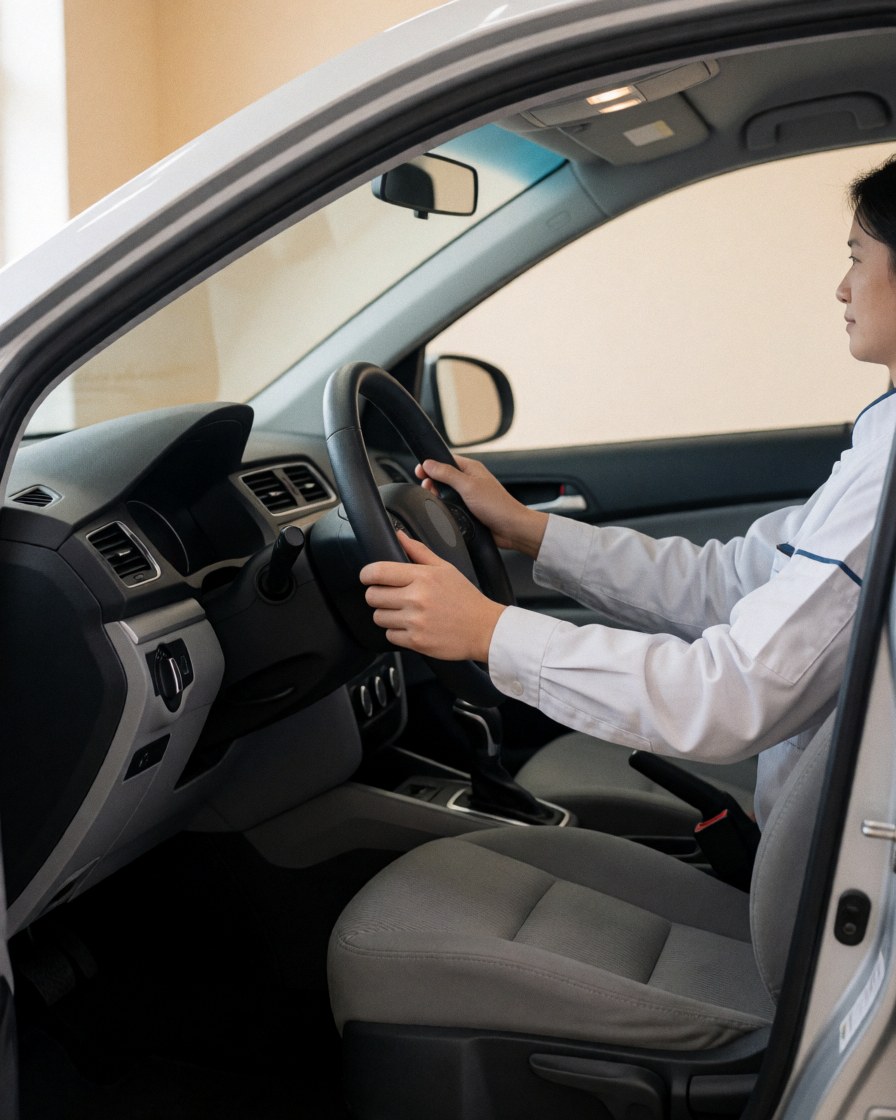 Satisfied customer inside a car with an immaculate interior, clean steering wheel, and natural lighting in an auto shop.