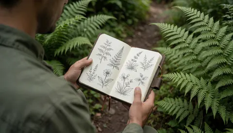 A person holding a sketchbook with plant drawings surrounded by green ferns in an ecological park, suitable for a website hero section.