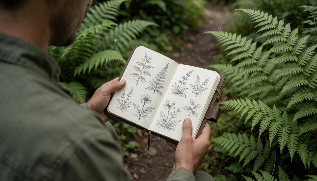 A person holding a sketchbook with plant drawings surrounded by green ferns in an ecological park, suitable for a website hero section.