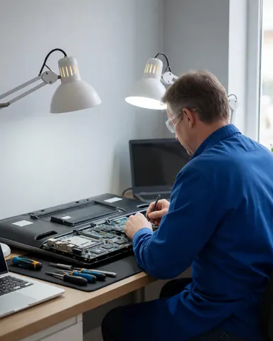 Technician wearing safety glasses repairing a TV motherboard in a well-lit workshop with tools.